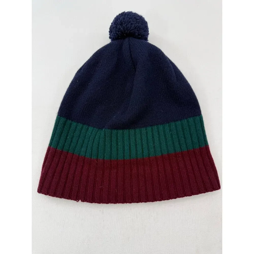 Ted Baker London Navy Burgundy Wool Pom Pom Beanie Hat 100% Wool